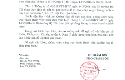 Công văn số 370/BVSN-KHTH v/v Triển khai Thông tư số 46/2018/TT-BTC ngày 14/05/2018 của Bộ tài chính